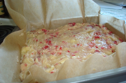 Unbaked raspberry macadamia white chocolate blondies. Gone too fast to get a picture once they emerged from the oven.